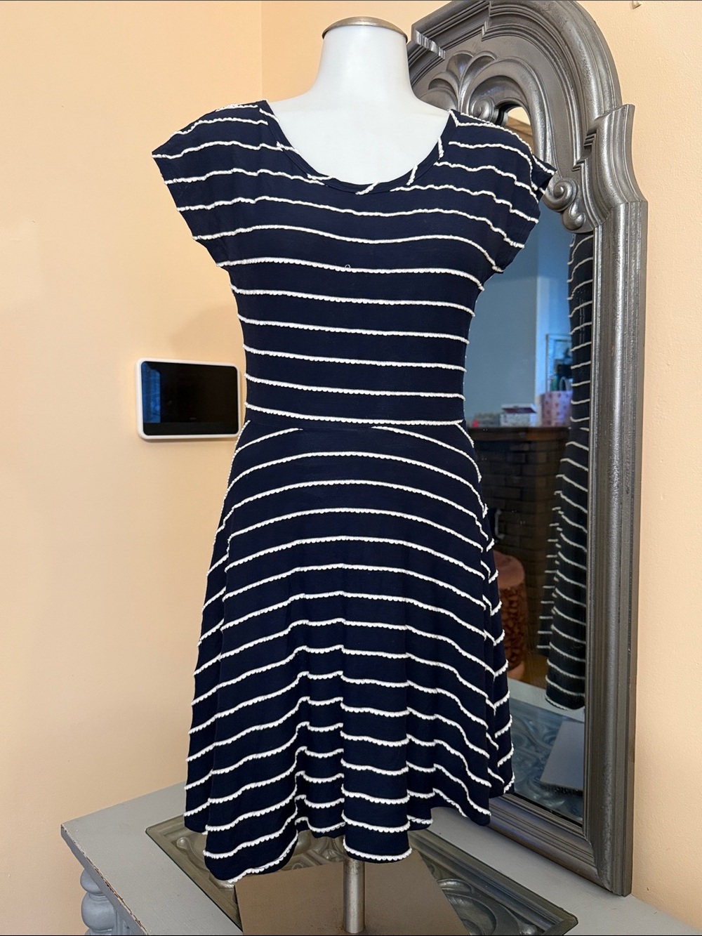 Francesca's Collections Medium Navy & White Striped Fit-and-Flare Dress
